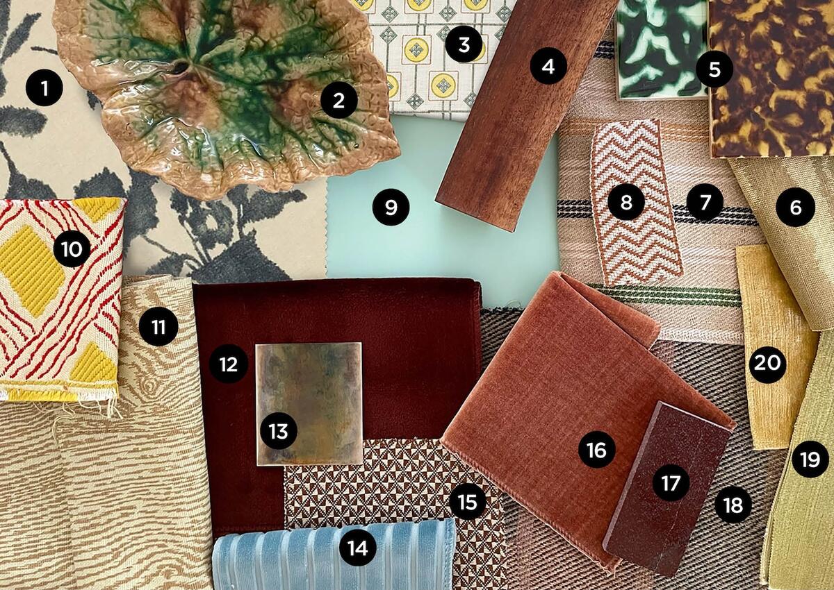 Avery Cox’s glamorous array of chunky corduroy, faux bois fabric and mottled tile