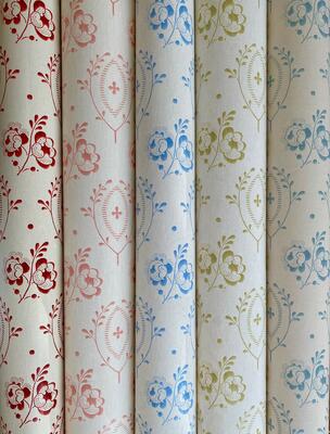 Twigs Regency Rose wallcovering in (from left) Red, Salmon, Blue, Leaf Green and Old Blue