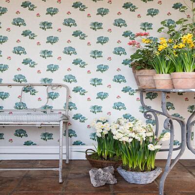 Nicole Fabre & Company Ikat Rose wallcovering in Verd de Mer