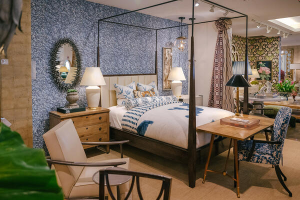 Iatesta Studio Jennings four-post bed, Swedish commode, Arpel writing table