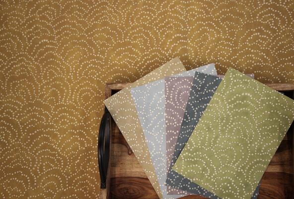 Peter Fasano Malia wallcovering in (from left) Ochre, Sandstorm, Spring Rain, Dusty Lavender, Stormy Night and Moss