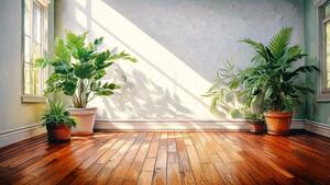 Firefly impressionist painting of hardwood floors surrounded by three potted plants 61117